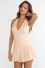 Luna Bloom Bubble Hem Mini Dress Sequin Champagne