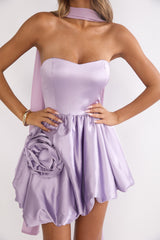 Lilianne Rosette Bubble Hem Mini Dress Lilac