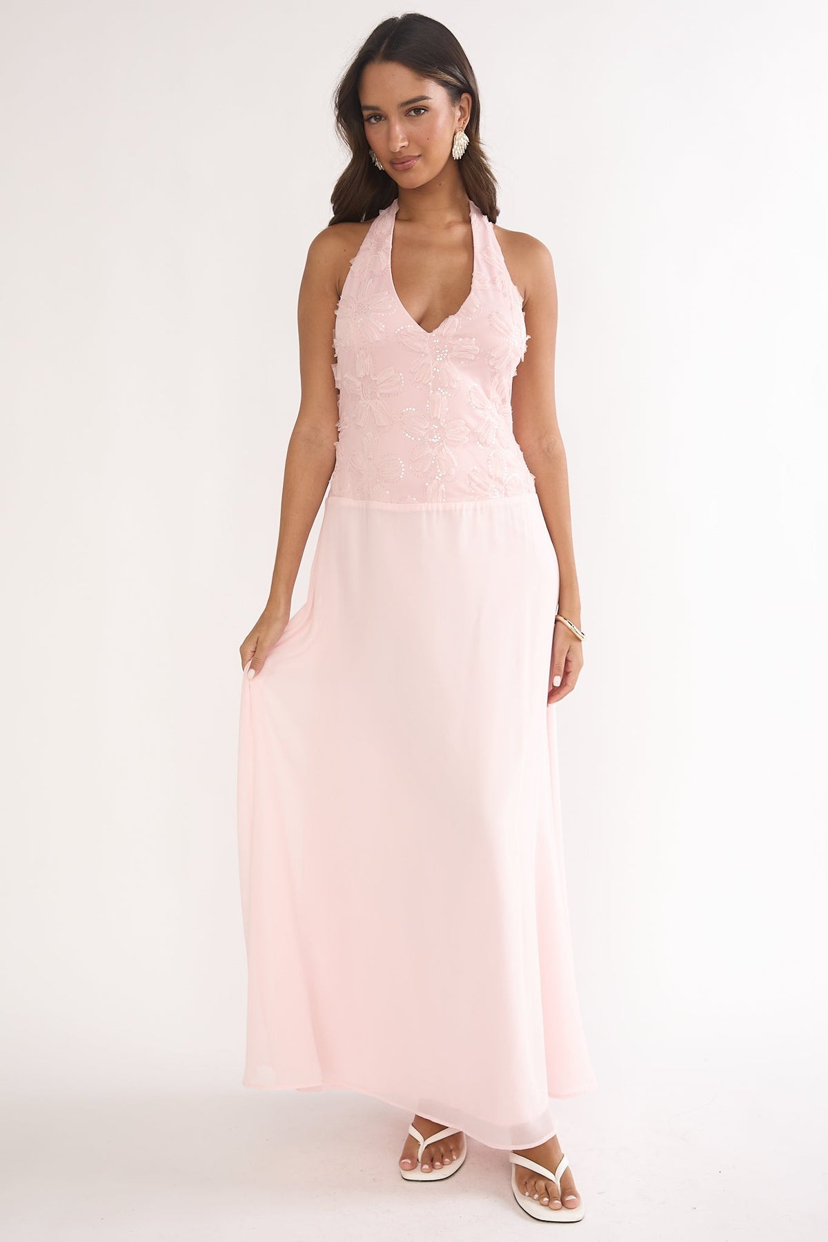 Blushing Belle Embellished Halter Maxi Dress Blush