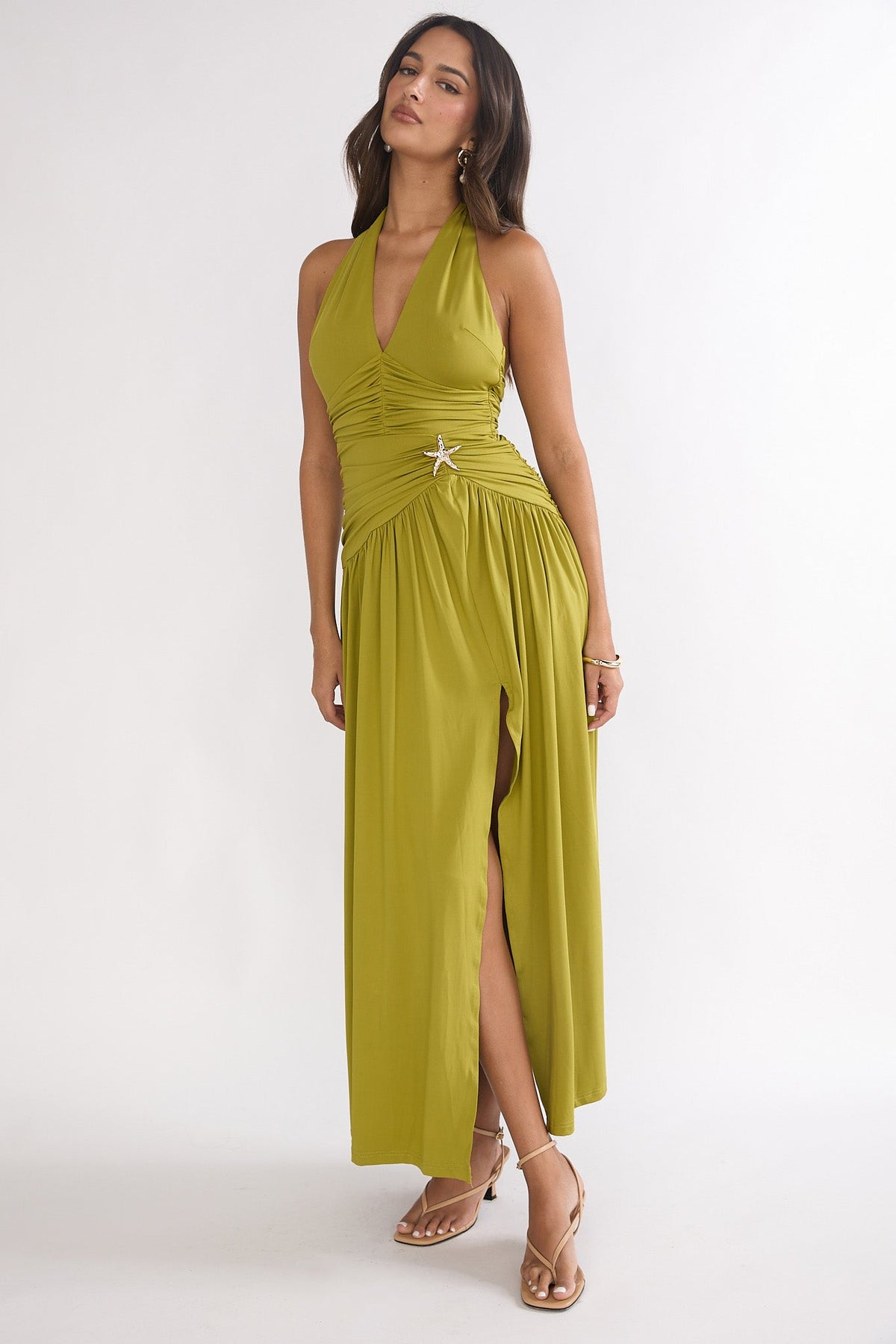 Nightbloom Ruched Waist Halter Maxi Dress Olive