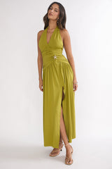 Nightbloom Ruched Waist Halter Maxi Dress Olive