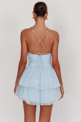 Nightingale Ruched Mesh Mini Dress Baby Blue