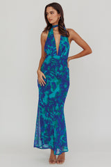 Italia Azure Halterneck Maxi Dress Abstract Blue