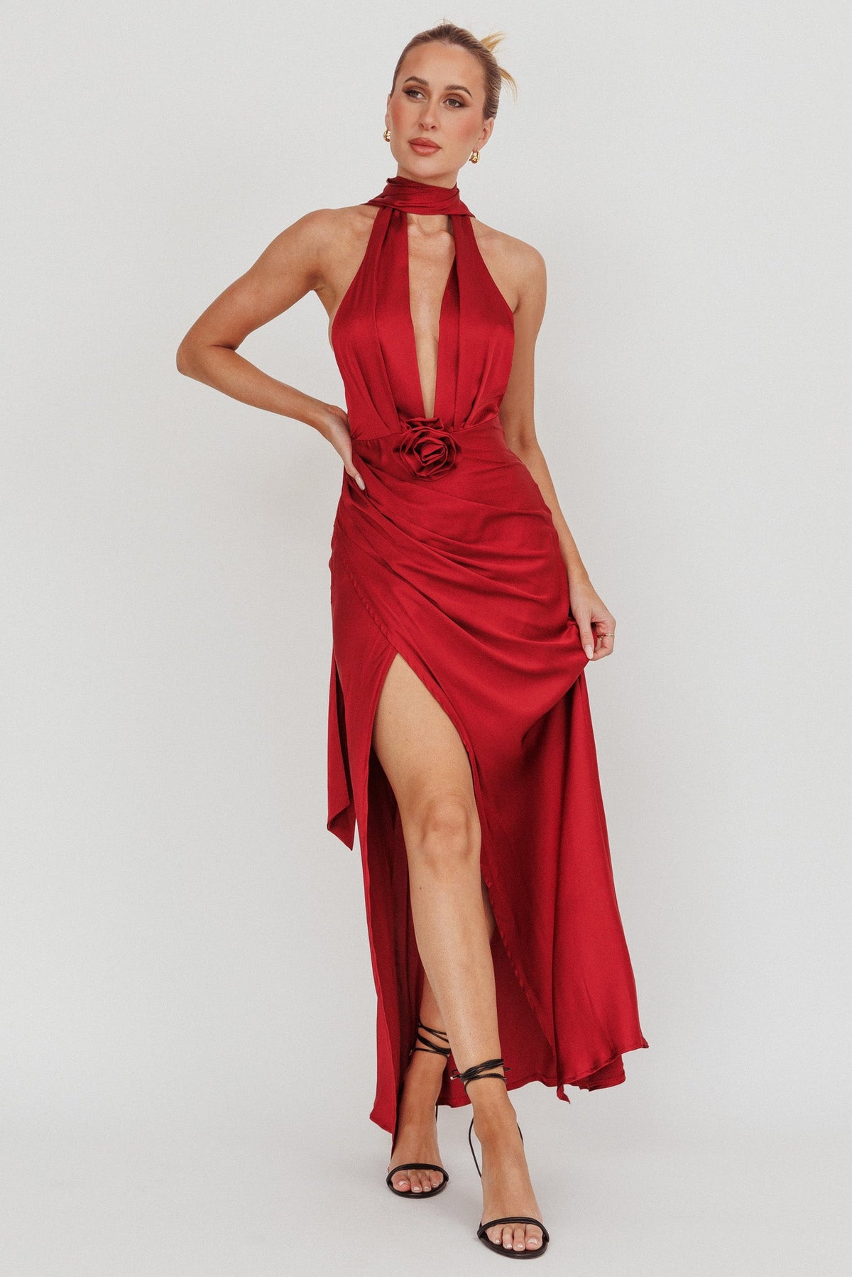 Italia Azure Halterneck Rosette Maxi Dress Wine