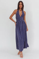 Italia Azure Gathered Waist Maxi Dress Shimmer Navy