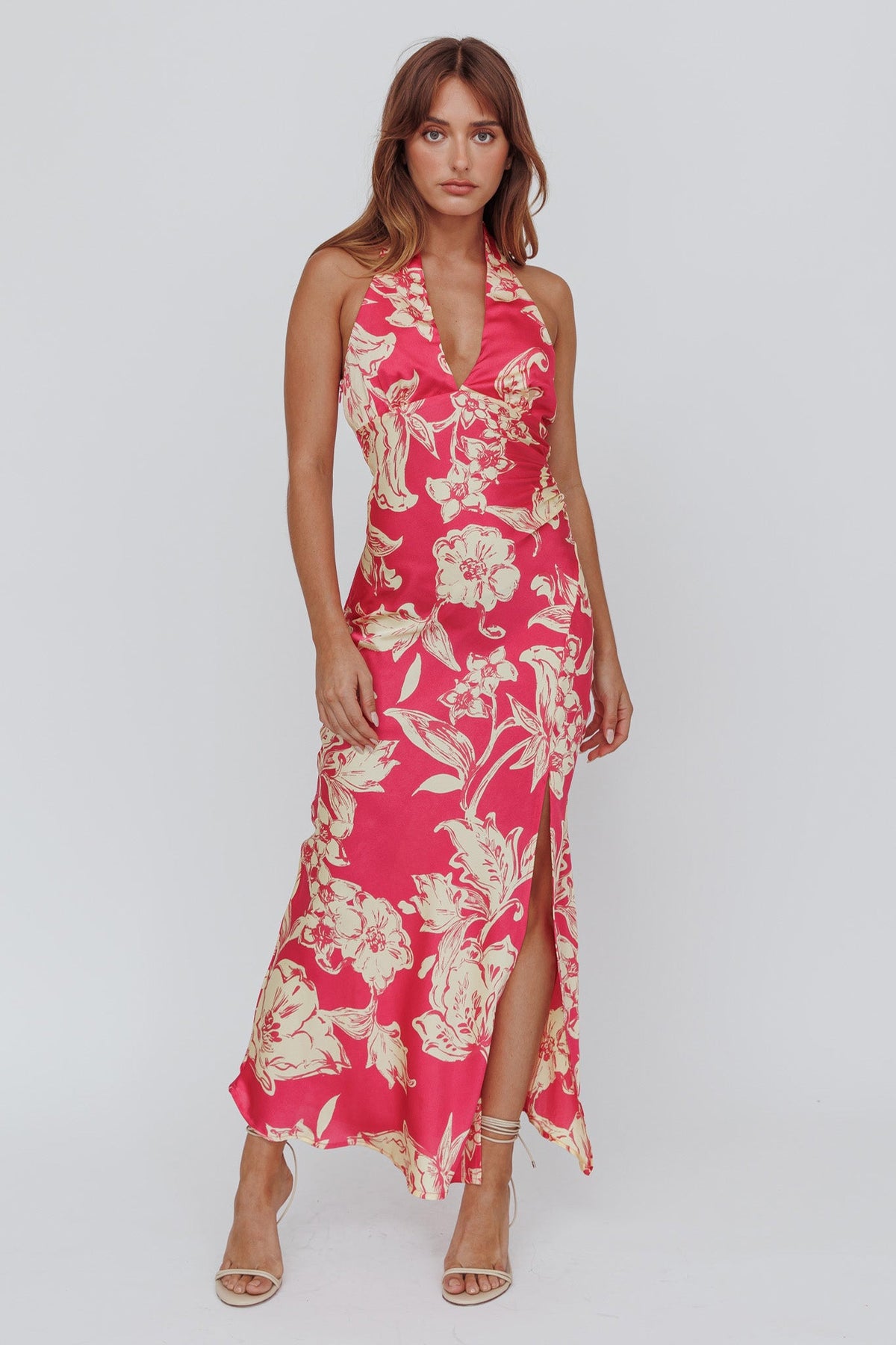 Brighter Days Halterneck Split Midi Dress Fuchsia