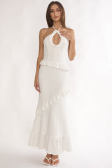 Clemence Smocked Frill Trim Maxi Dress White