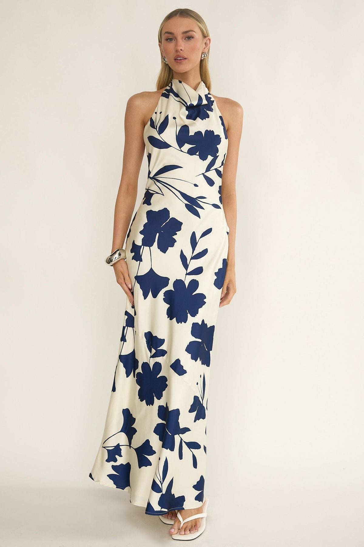 Elowis Cowl Halterneck Maxi Dress Floral Beige