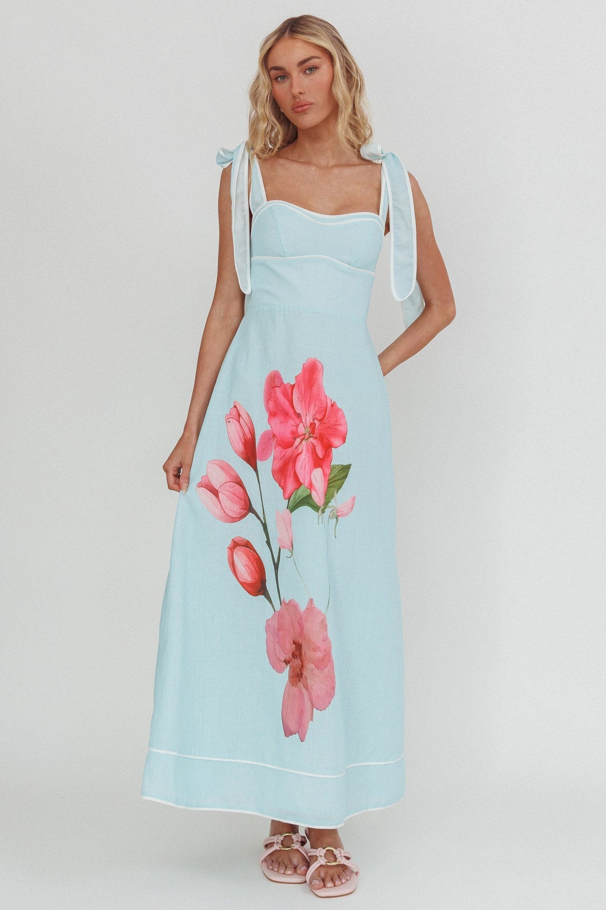 Averin Tied Shoulder Maxi Dress Flower Mint