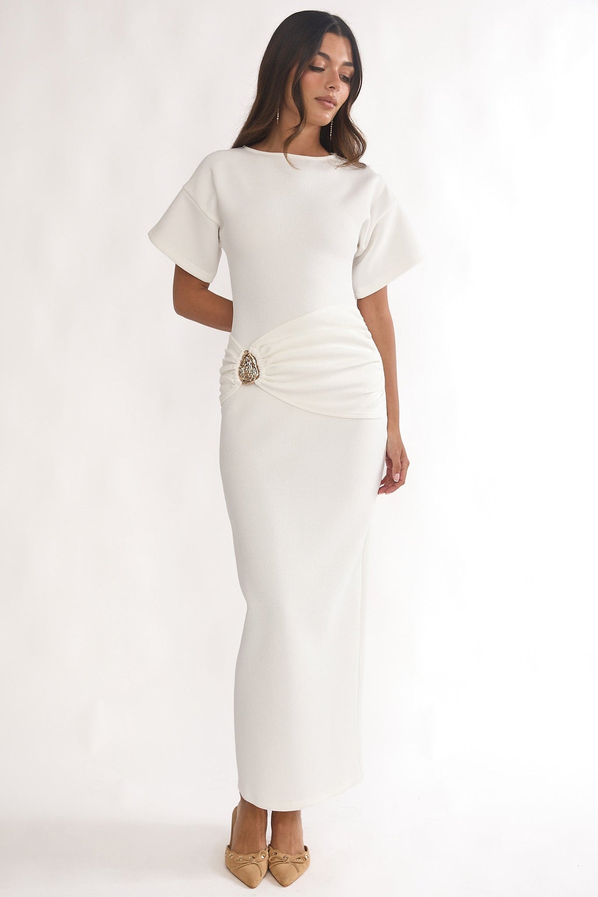 Briona Short Sleeve Buckle Maxi Dress White