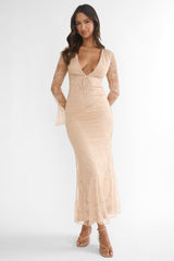 Lysandra Flared Cuff Maxi Dress Lace Beige