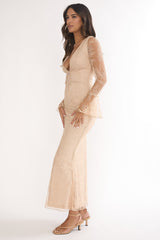 Lysandra Flared Cuff Maxi Dress Lace Beige