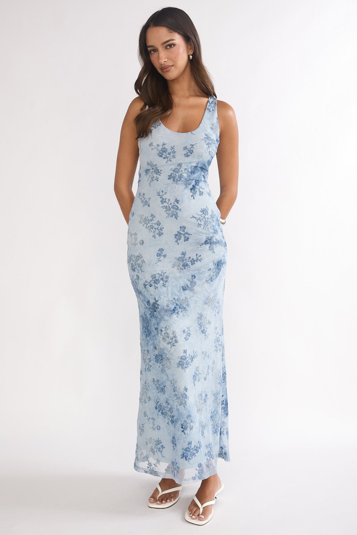 Elowra Mesh Maxi Dress Floral Blue