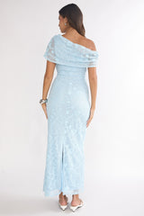 Elita Asymmetric Neckline Lace Maxi Dress Blue