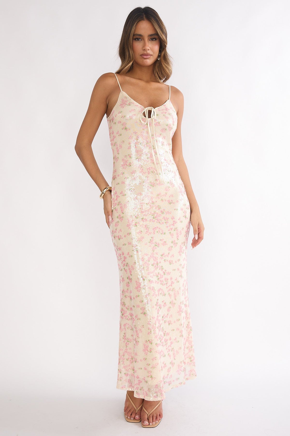 Marielle Bust Tie Sequin Maxi Dress Floral Pink Sage