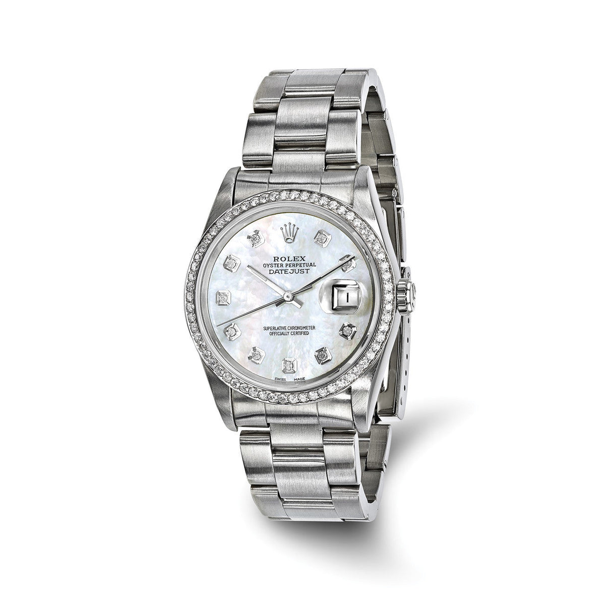 Online Only Pre-owned Independently Certified Rolex Steel/18KW Bezel Men's Diamond Mother of Pearl Watch