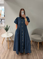 Dark Denim Woven Washed Short Bubble Sleeve Button Down Dress