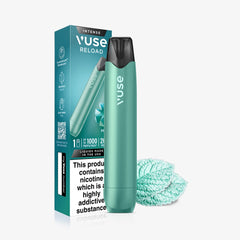 A Mint Ice Aqua Vuse Reload Pen by Vuse stands next to its matching box with product details and a mint leaf graphic. Three mint leaves in front highlight the refreshing mint flavor of this reusable vape device.