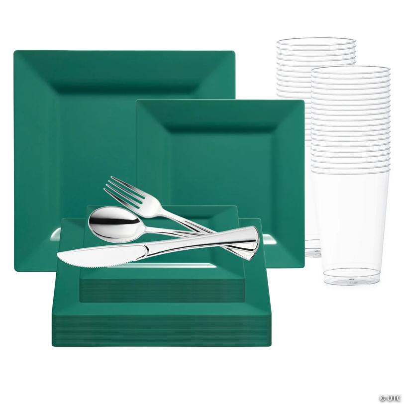 Hunter Green Square Plastic Plates Wedding Value Set - 20 Settings | USA Decoration®