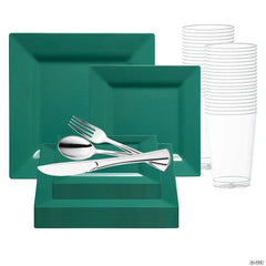 Hunter Green Square Plastic Plates Wedding Value Set - 20 Settings | USA Decoration®
