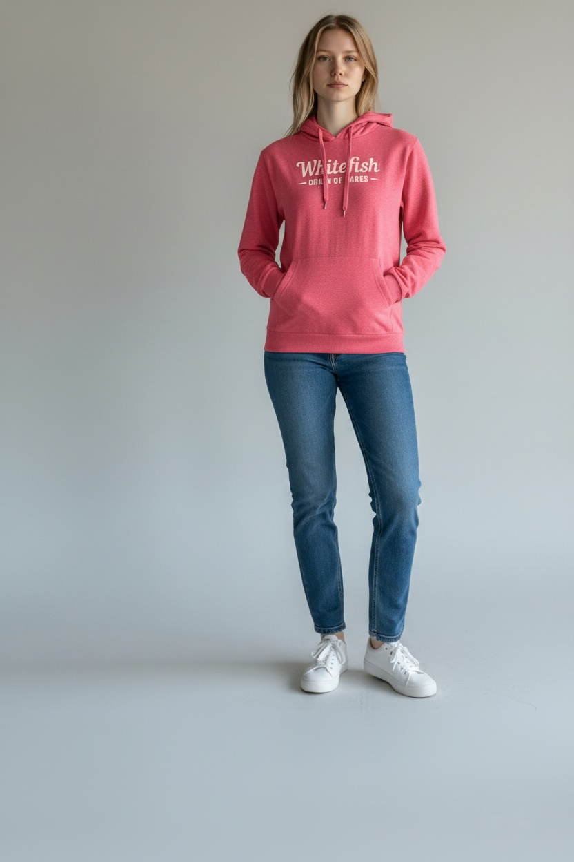Person wearing a pink hoodie with text, blue jeans, and white sneakers on a plain background