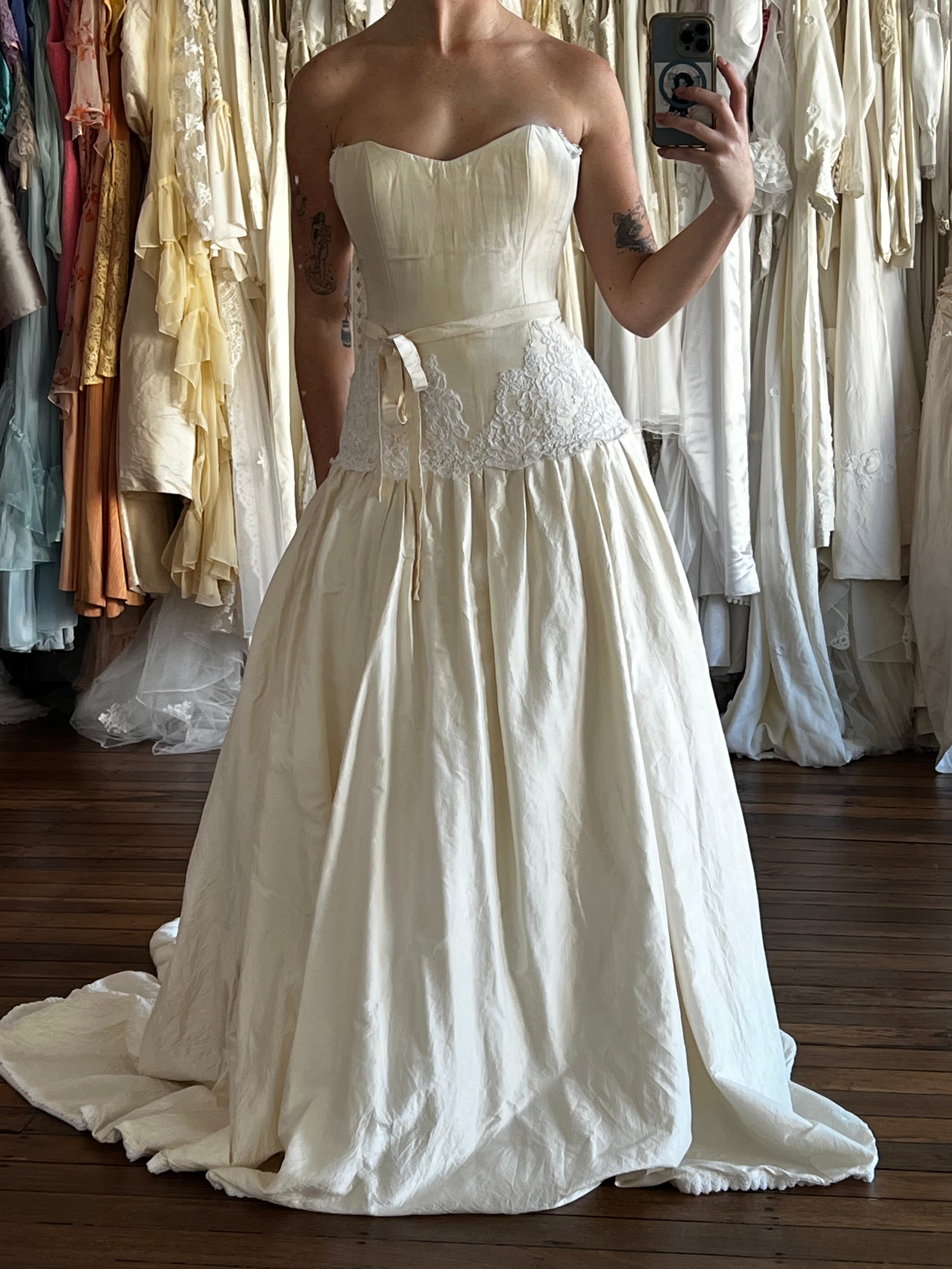 90s Lace detail Drop Waist Raw Silk Dress