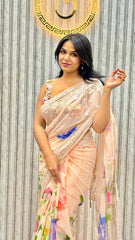 Pale Peach Floral Printed Chiffon Saree With Chikankari Borders