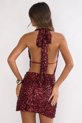 Afterlight Halterneck Backless Sequin Mini Dress Cherry