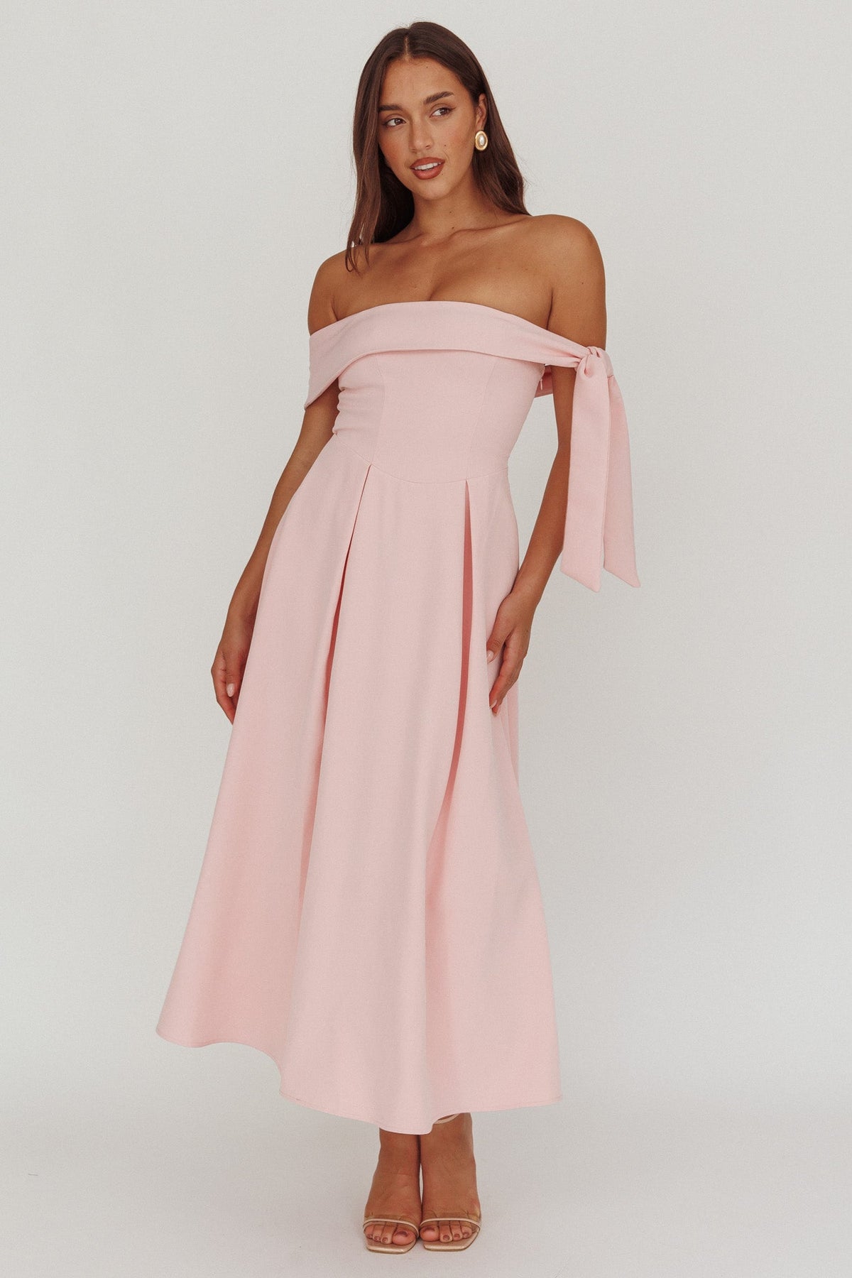 Aurora Sky Off-Shoulder Box Pleat Midi Dress Pink