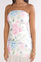 Wilma Sheer Hem Strapless Maxi Dress Flowers Blue