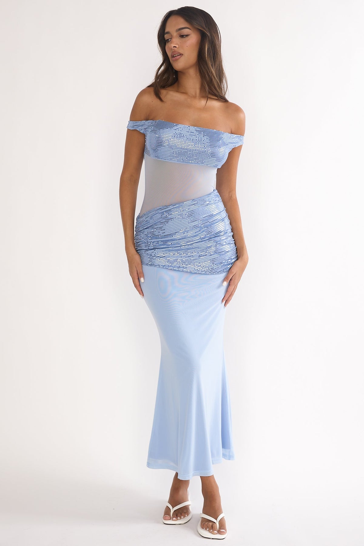 Bellora Off-Shoulder Sequin Trim Maxi Dress Blue