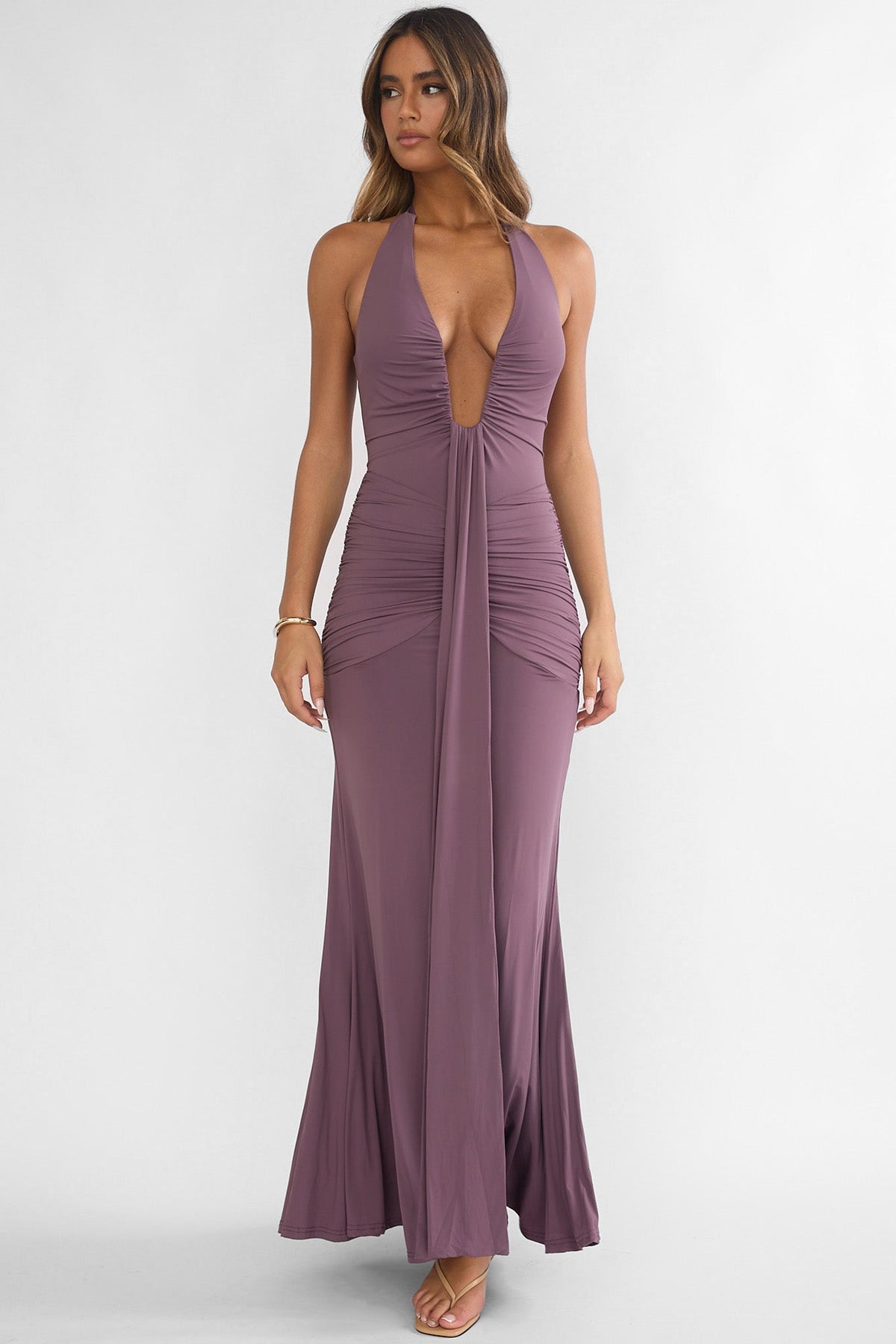 Brienna Halter Ruched Maxi Dress Mauve