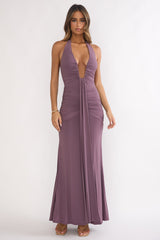 Brienna Halter Ruched Maxi Dress Mauve