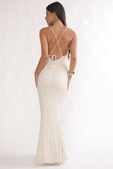 Emillia Strappy Open Back Maxi Dress Sequin Ivory