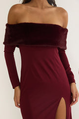 Noella Off-Shoulder Fur Trim Maxi Dress Wine