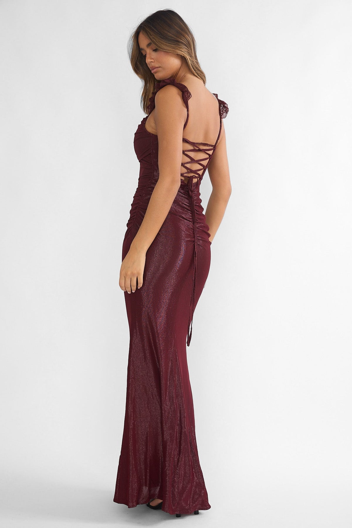 Valara Lace-Up Back Maxi Dress Wine