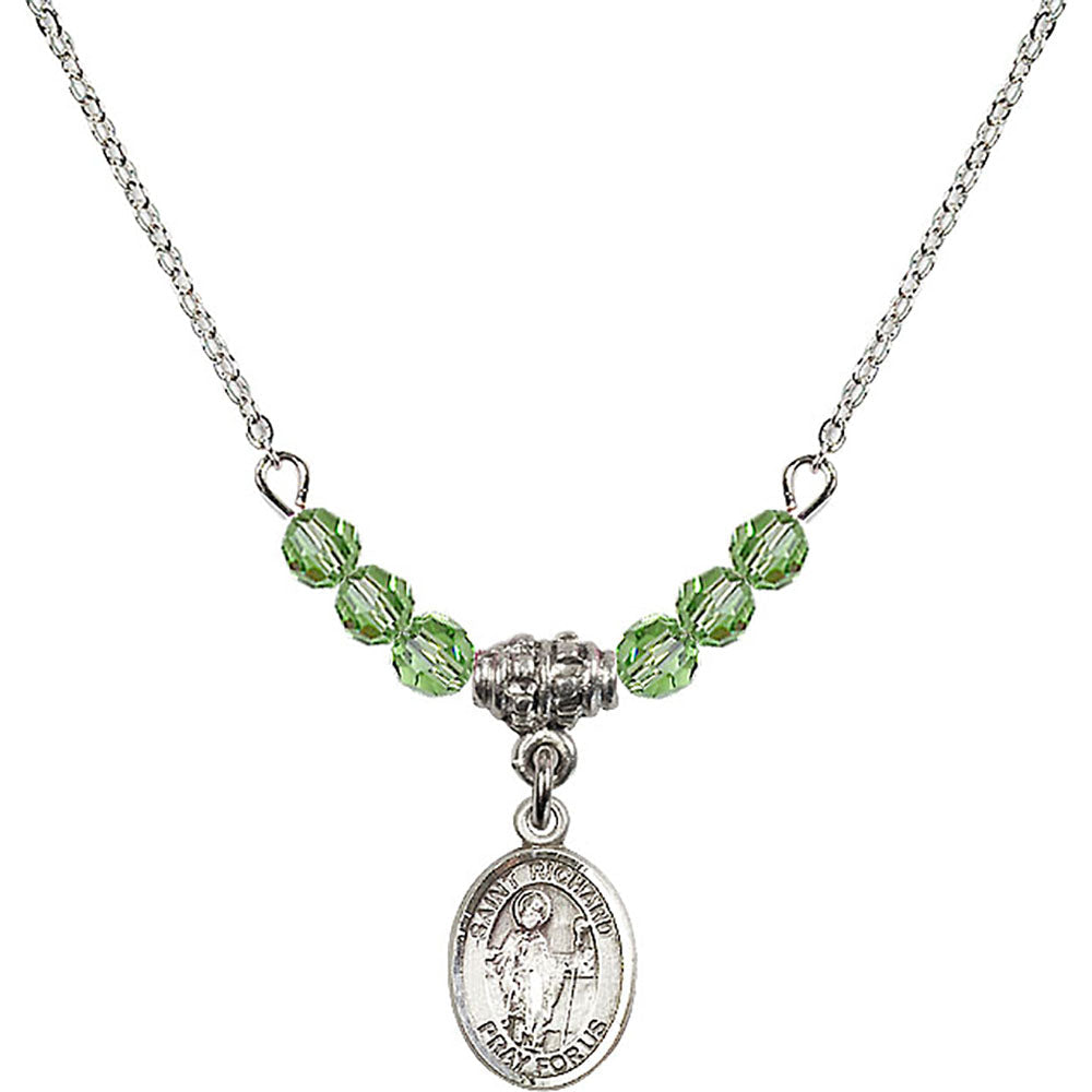 Sterling Silver Saint Richard Birthstone Necklace with Peridot Beads - 9093