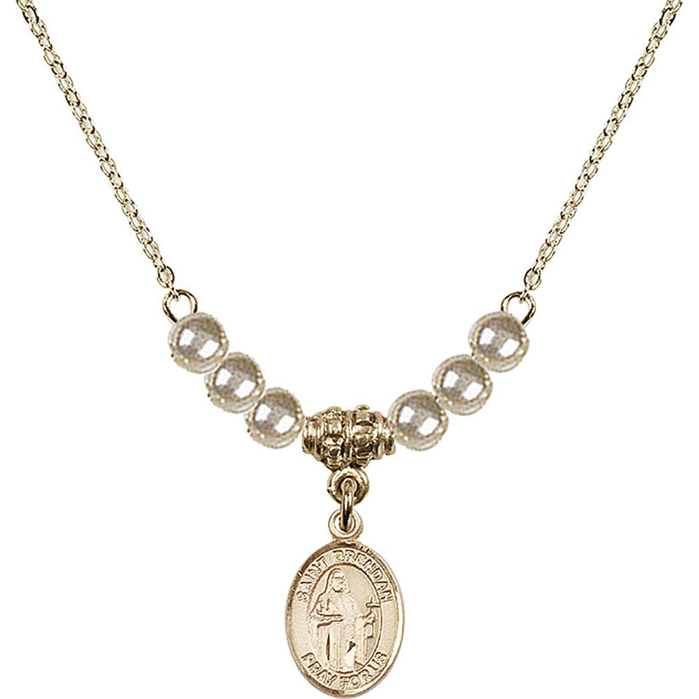 14kt Gold Filled Saint Brendan the Navigator Birthstone Necklace with Faux-Pearl Beads - 9018