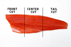 WILD ALASKAN SOCKEYE SALMON FILET CUTS SHOWN AS FRONT, CENTER AND TAIL CUTS