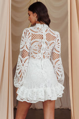 Right Moment Lace Overlay Frill Mini Dress White