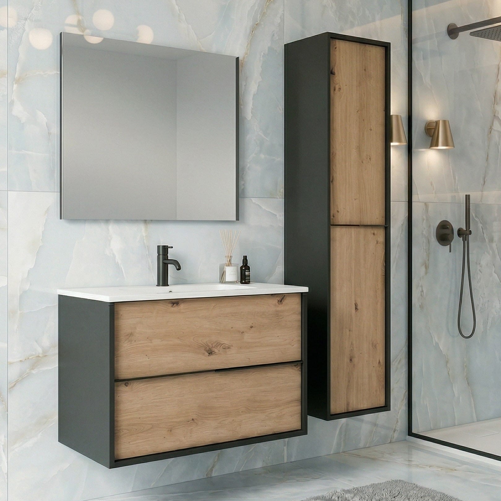 Meubles de Salle de Bain ONYXIS, vasques céramique intégrées - Montés d'usine