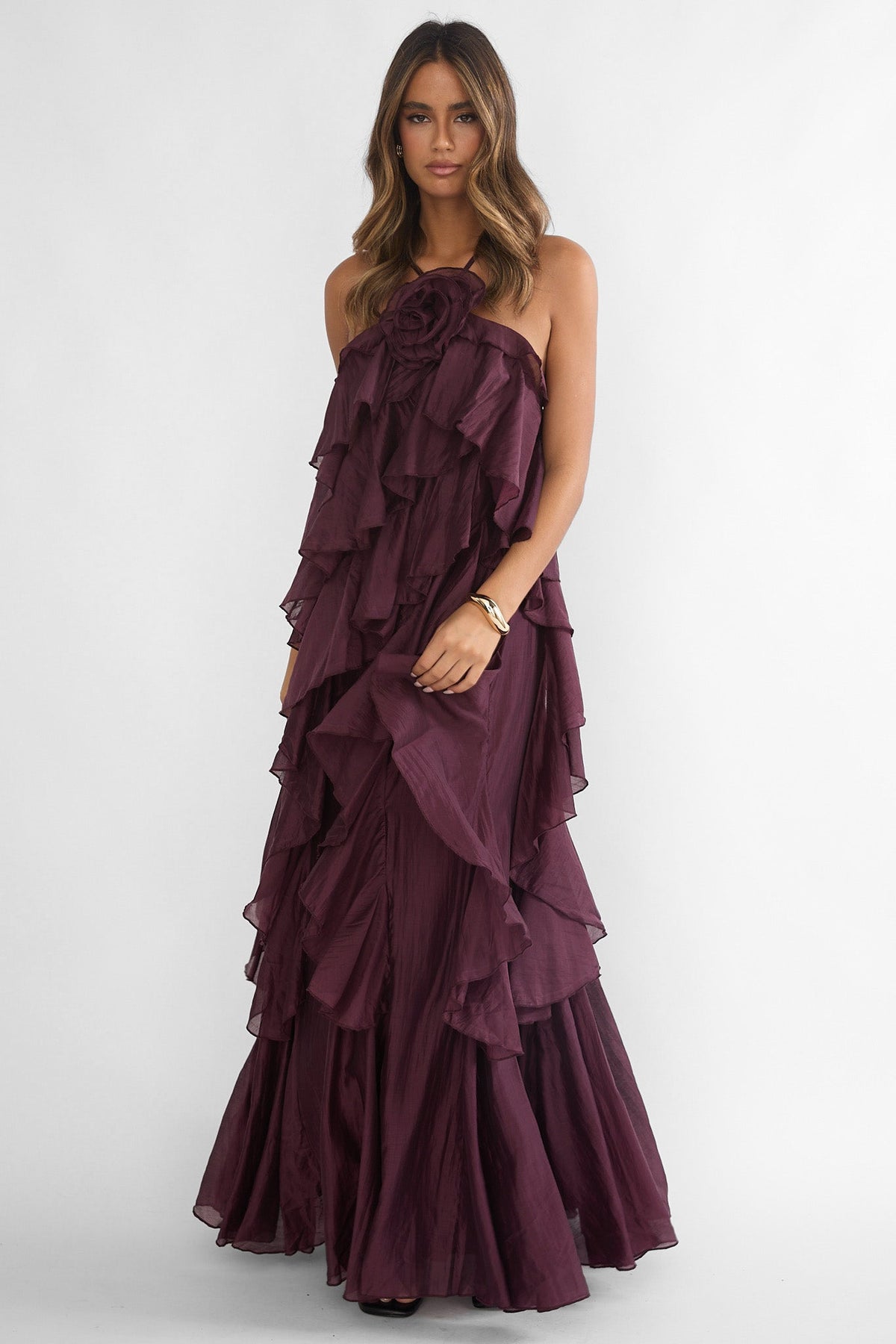 Secret Rendezvous Layered Ruffle Maxi Dress Maroon