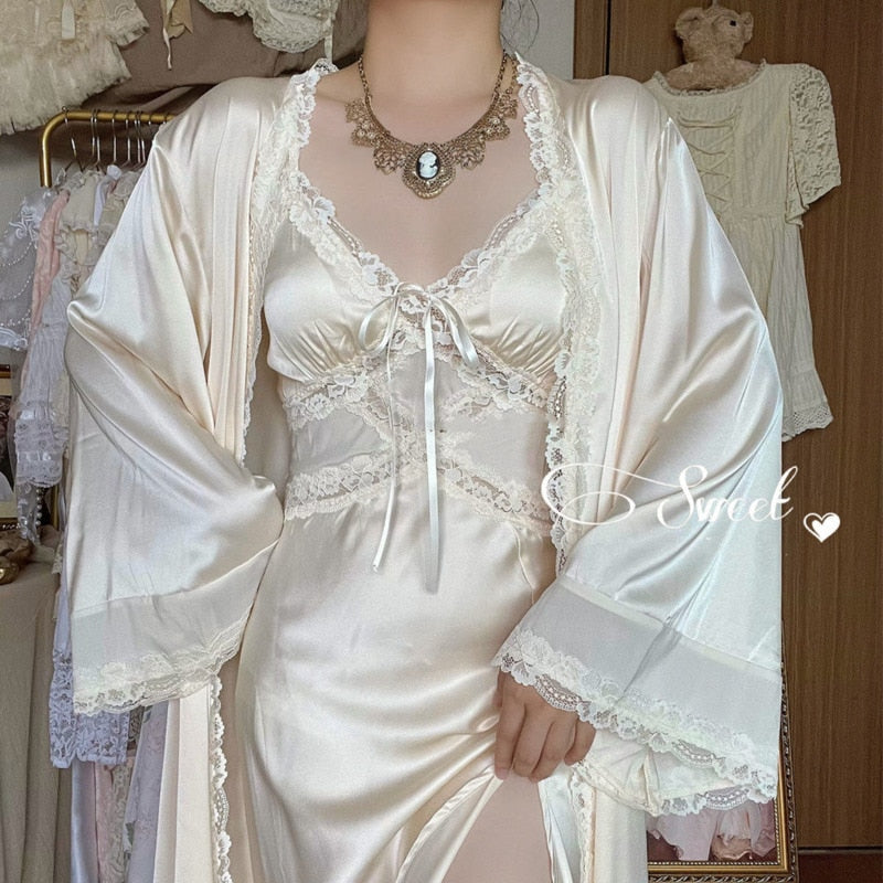Getadme Women Retro Silky Nightdress Sweet French Vintage Leisure Sleepwear Skin-friendly Comfy Nightgowns Home Dressing Gown