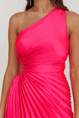 Brooklynn One-Shoulder Accordion Pleat Satin Midi Dress Fuchsia