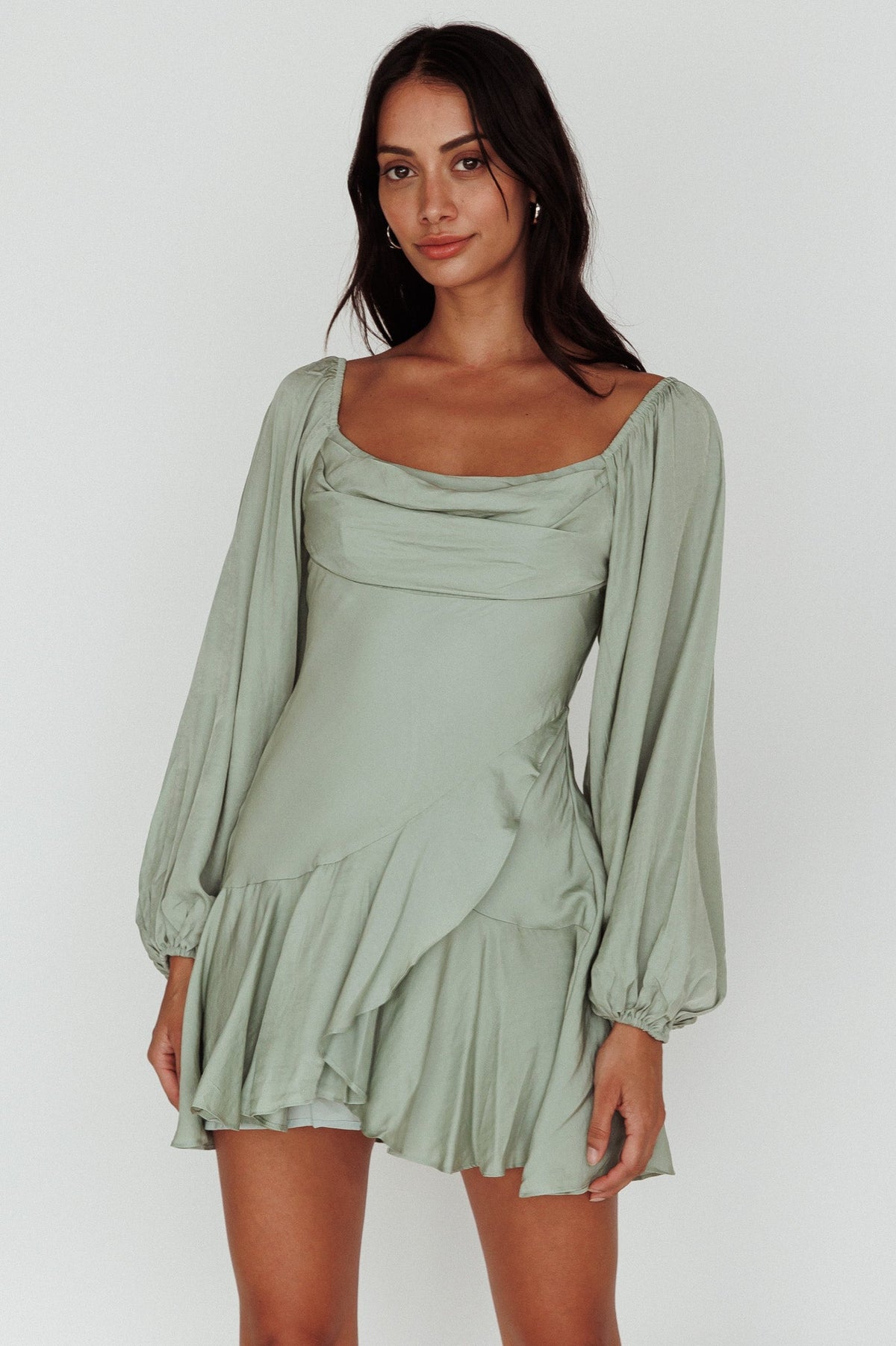Beaujolais Long Sleeve Cowl Neckline Ruffle Mini Dress Sage