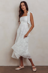 Jeanie Bow Shoulder Midi Dress Embossed White