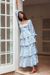 Provence Bloom Long Sleeve Maxi Dress Floral Blue