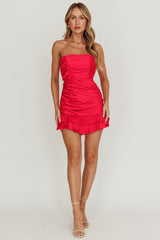 Annabella Strapless Tied Back Frill Hem Mini Dress Fuchsia