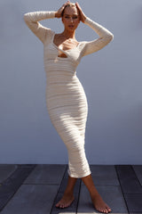 Beachside Crochet Knit Long Sleeve Midi Dress Oat