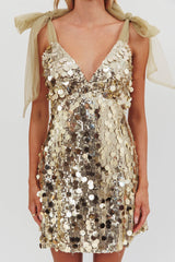 Mykonos Morning Tied Shoulder Sequin Mini Dress Gold